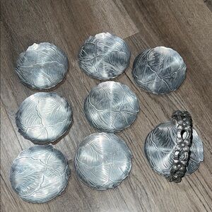 Rodney Kent Silver Co DOGWOOD/CABBAGE Vintage Hammered Aluminum COASTER SET